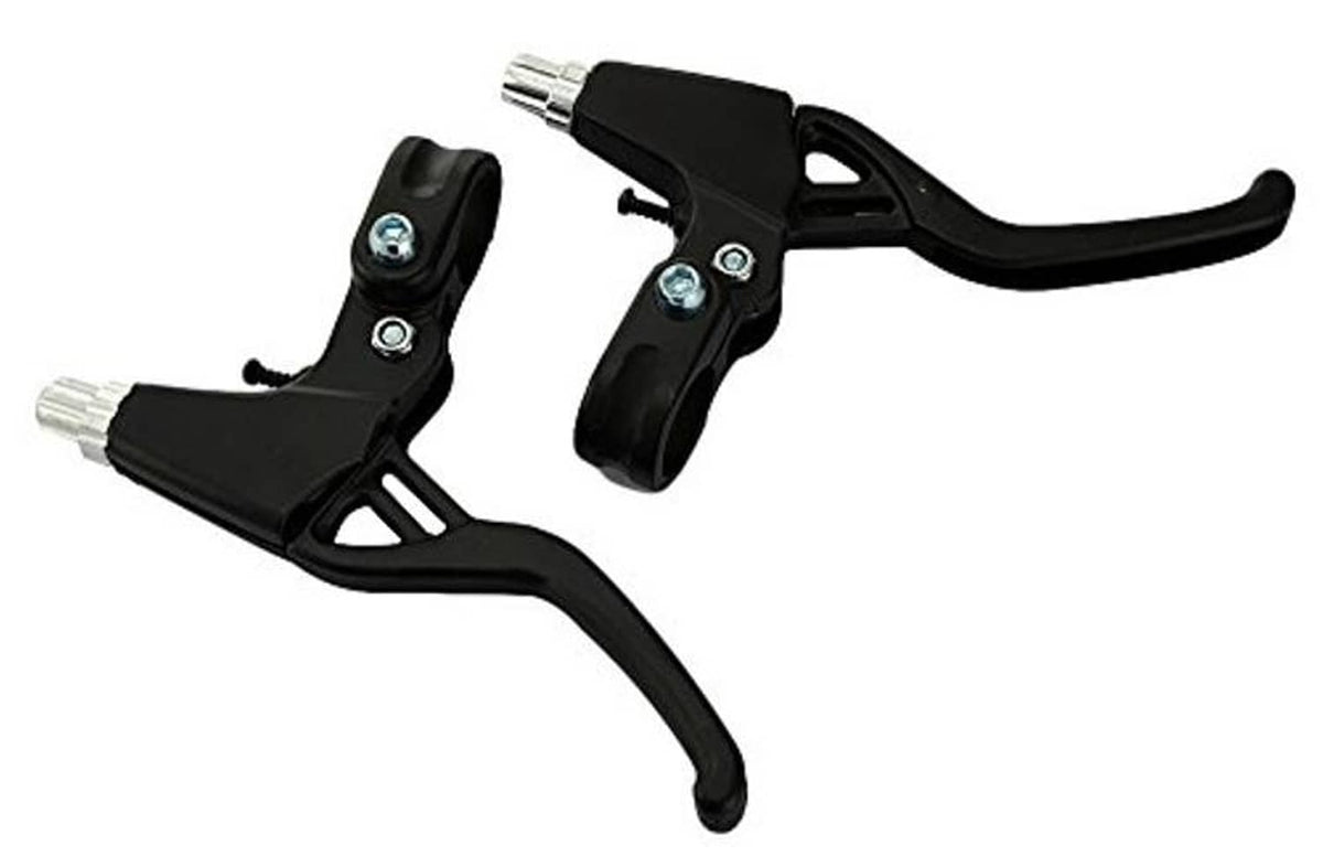 Pair of black bicycle brake lever handles with silver cable barrel adjusters.