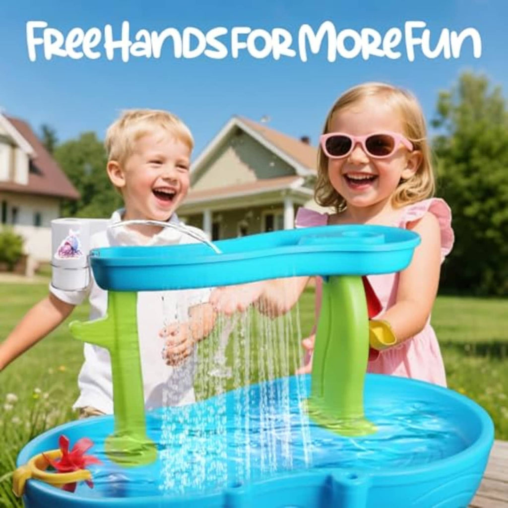 White cordless water table pump spraying water from a blue water tray