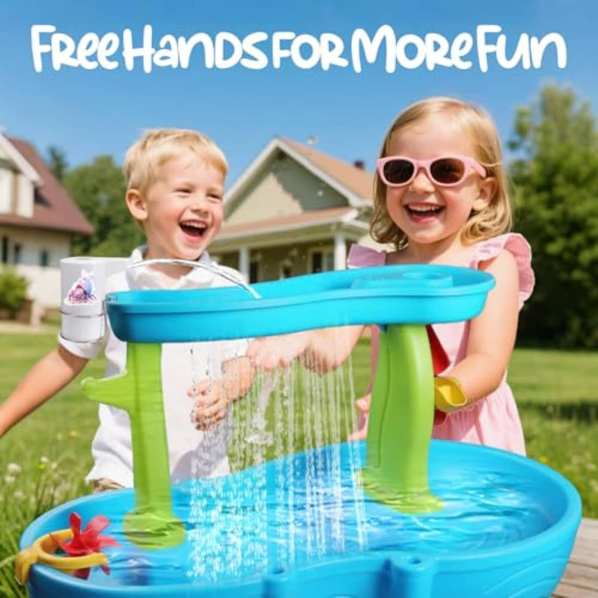 White cordless water table pump spraying water from a blue water tray