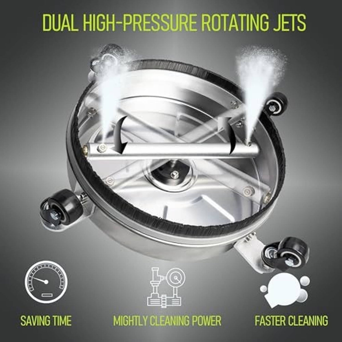 Stainless steel surface cleaner with dual high-pressure rotating jet nozzles and skirt