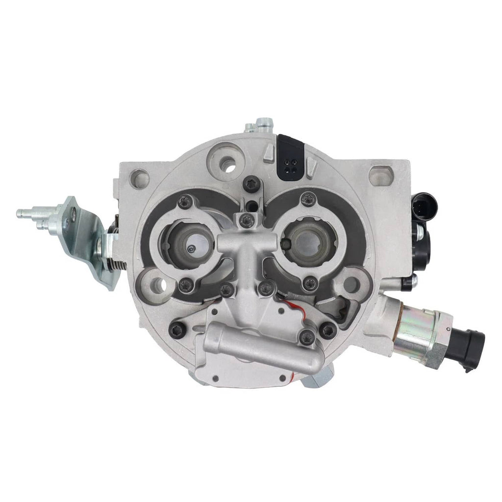 Throttle body with fuel injector assembly, front view with dual circular chambers and plug