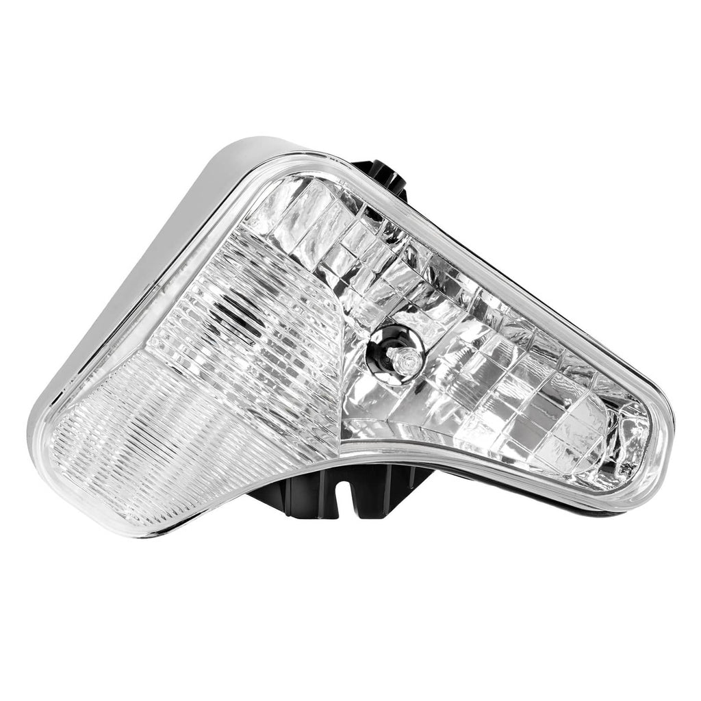 Right headlight lamp, close-up of clear lens and chrome reflector with mounting base