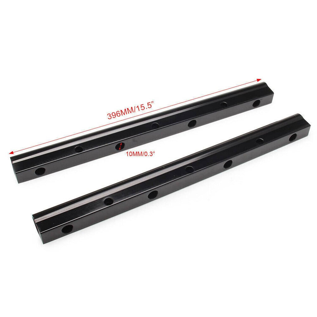 Black mounting brackets/rails with multiple holes and red dimension markings