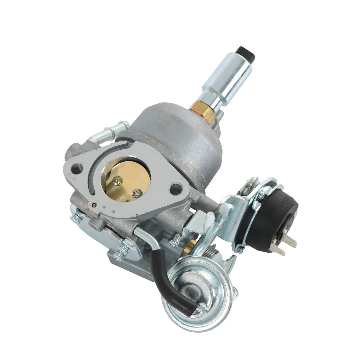 Carburetor with round throttle body, silver housing, and black air intake cover