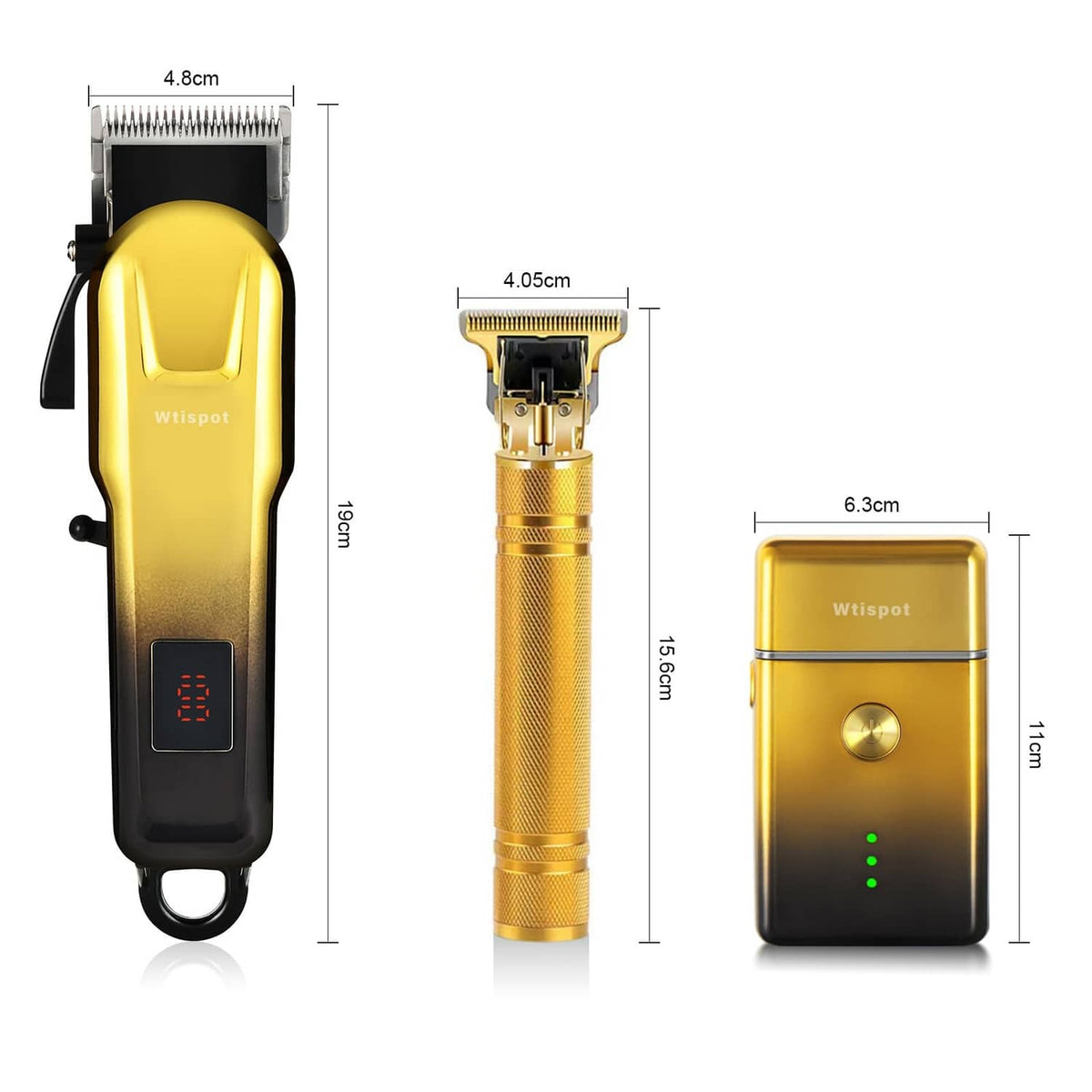 Cordless hair clipper with gold body, black grip, and LED battery level display