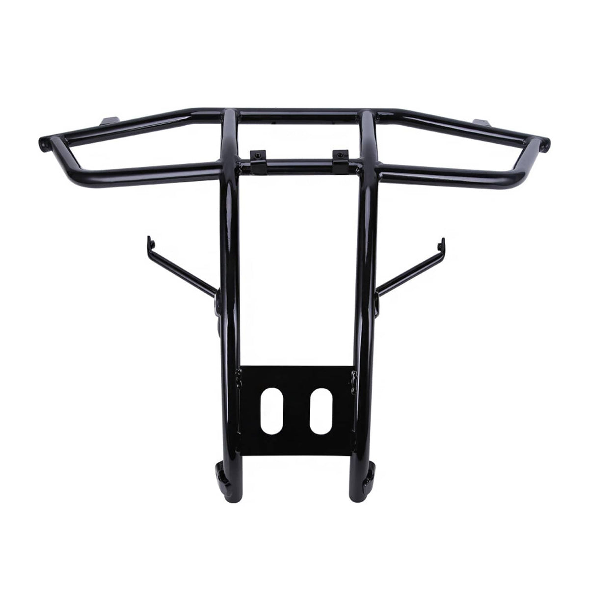 Black front rack with two slot cutouts and protective side rails