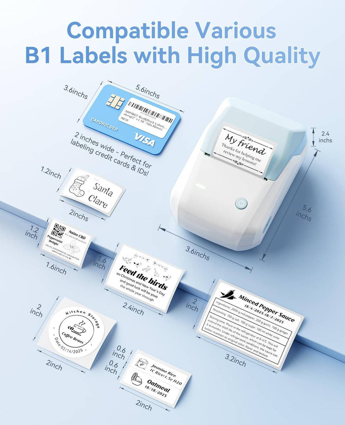 Light blue NIIMBOT B1 label maker with multiple B1 label sizes shown