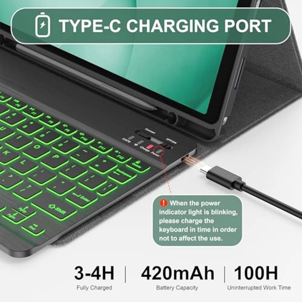 Green backlit keyboard case with Type-C charging port and connection cable