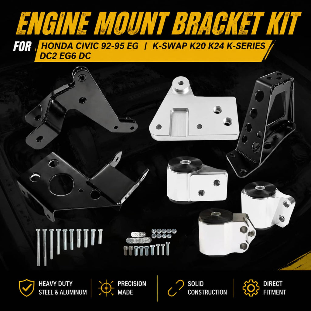 Engine mount bracket kit with black brackets, silver blocks, and included bolts