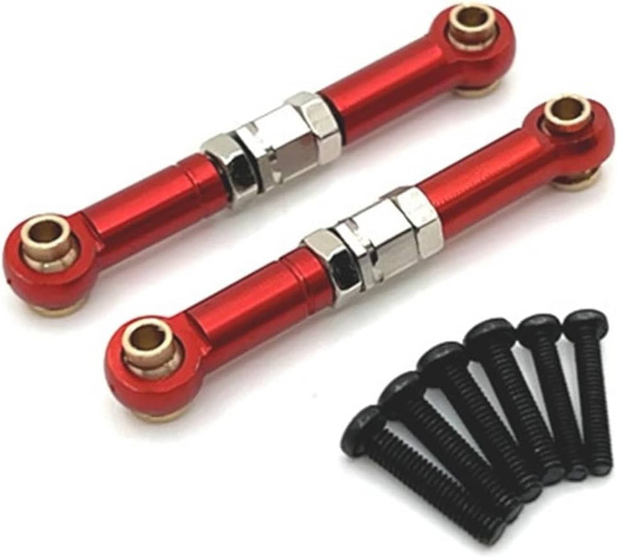 Red metal steering linkage rods with chrome ball joints and black screws