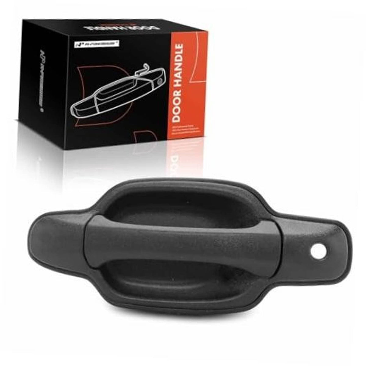Front left exterior door handle with keyhole, textured dark plastic