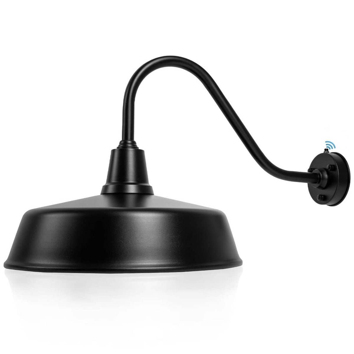 Black gooseneck wall barn light with round mounting plate and domed metal shade