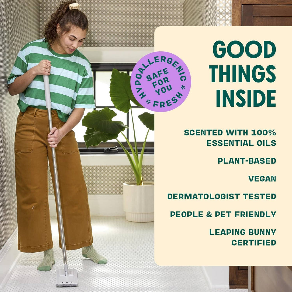 Floor cleaner use with mop and decorative plant, lavender freshness emblem