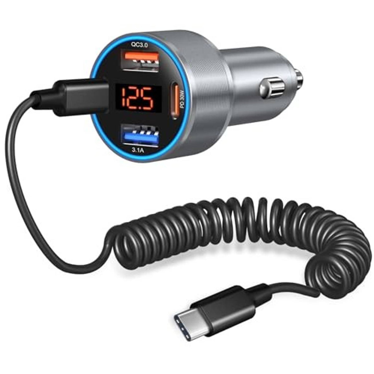 Gray car USB-C charger with blue-ring LED screen and coiled charging cable