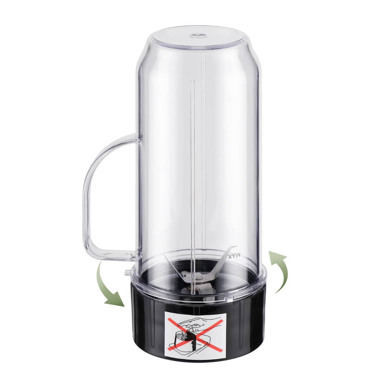 Blender jar with black blade base and cross-blade assembly at the bottom