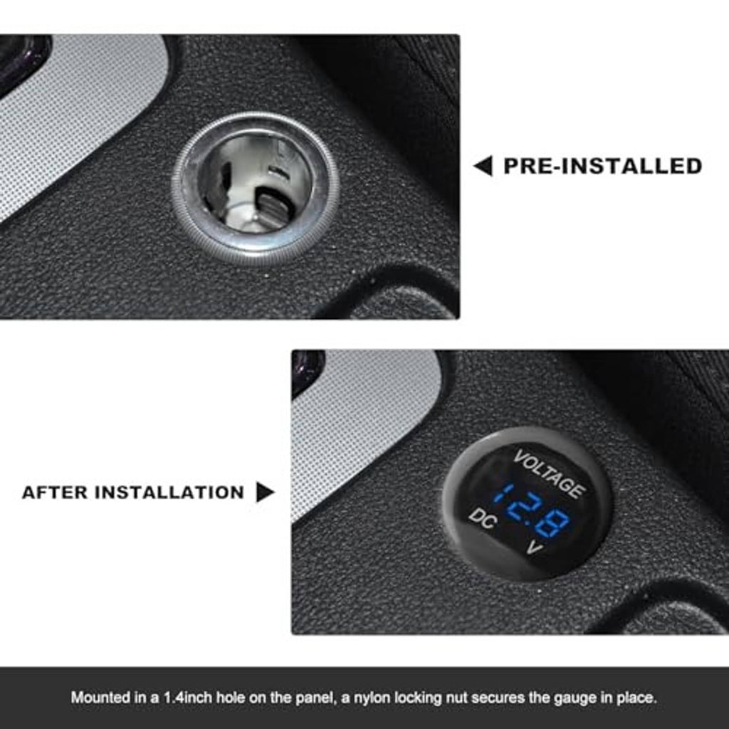 DC voltmeter gauge installed in dashboard panel hole, blue LED voltage display
