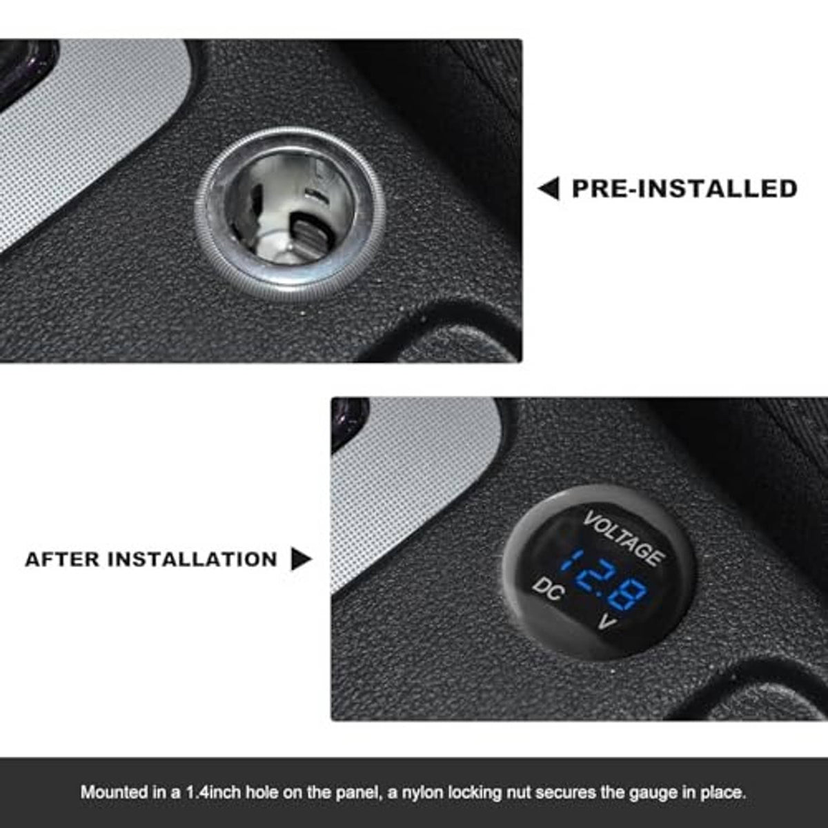 DC voltmeter gauge installed in dashboard panel hole, blue LED voltage display