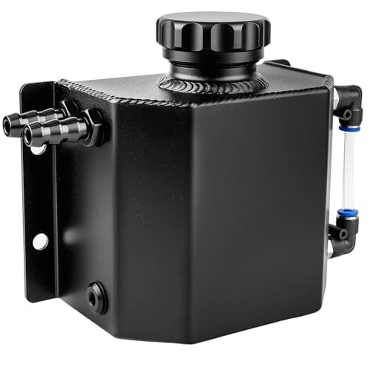 Black coolant overflow tank with threaded cap and connected inlet/outlet ports