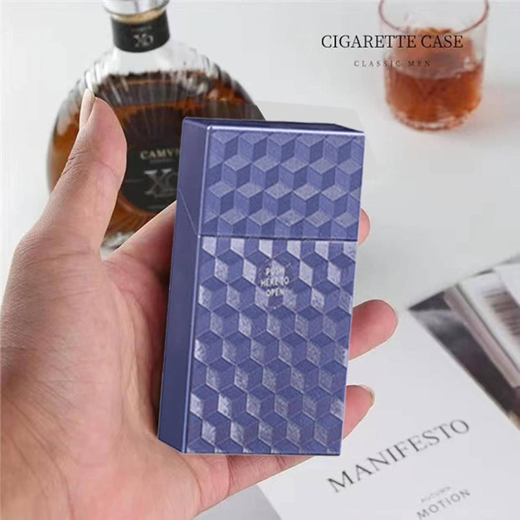 Blue cube-textured king-size cigarette case held in hand, push-to-open front