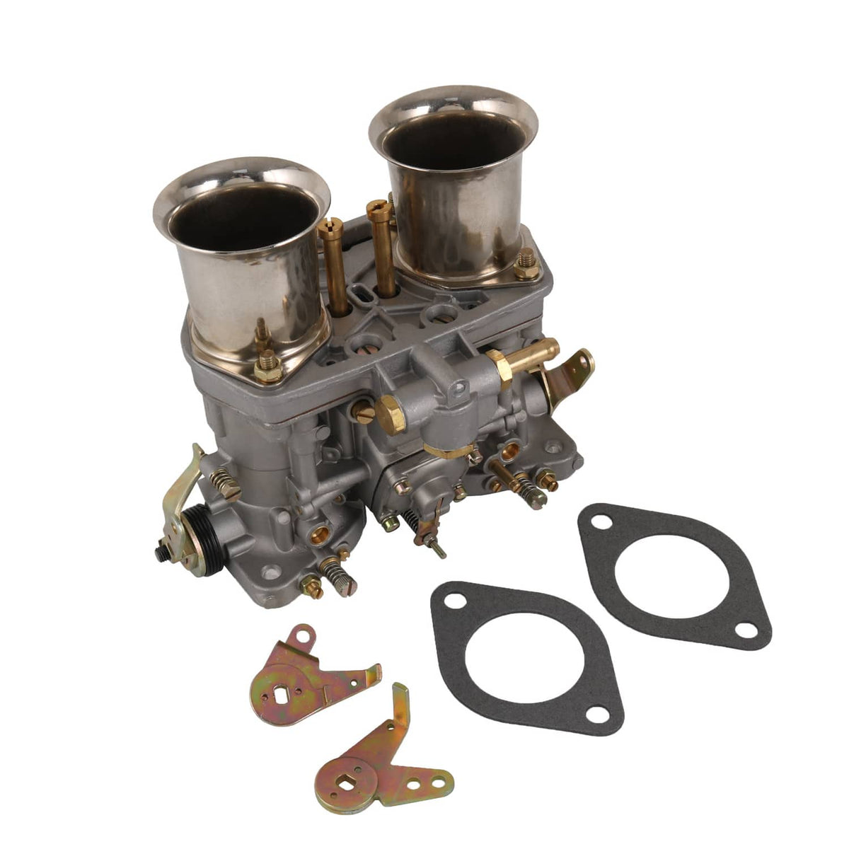 Dual-barrel carburetor kit with two chrome air horns, gaskets, and small mounting parts