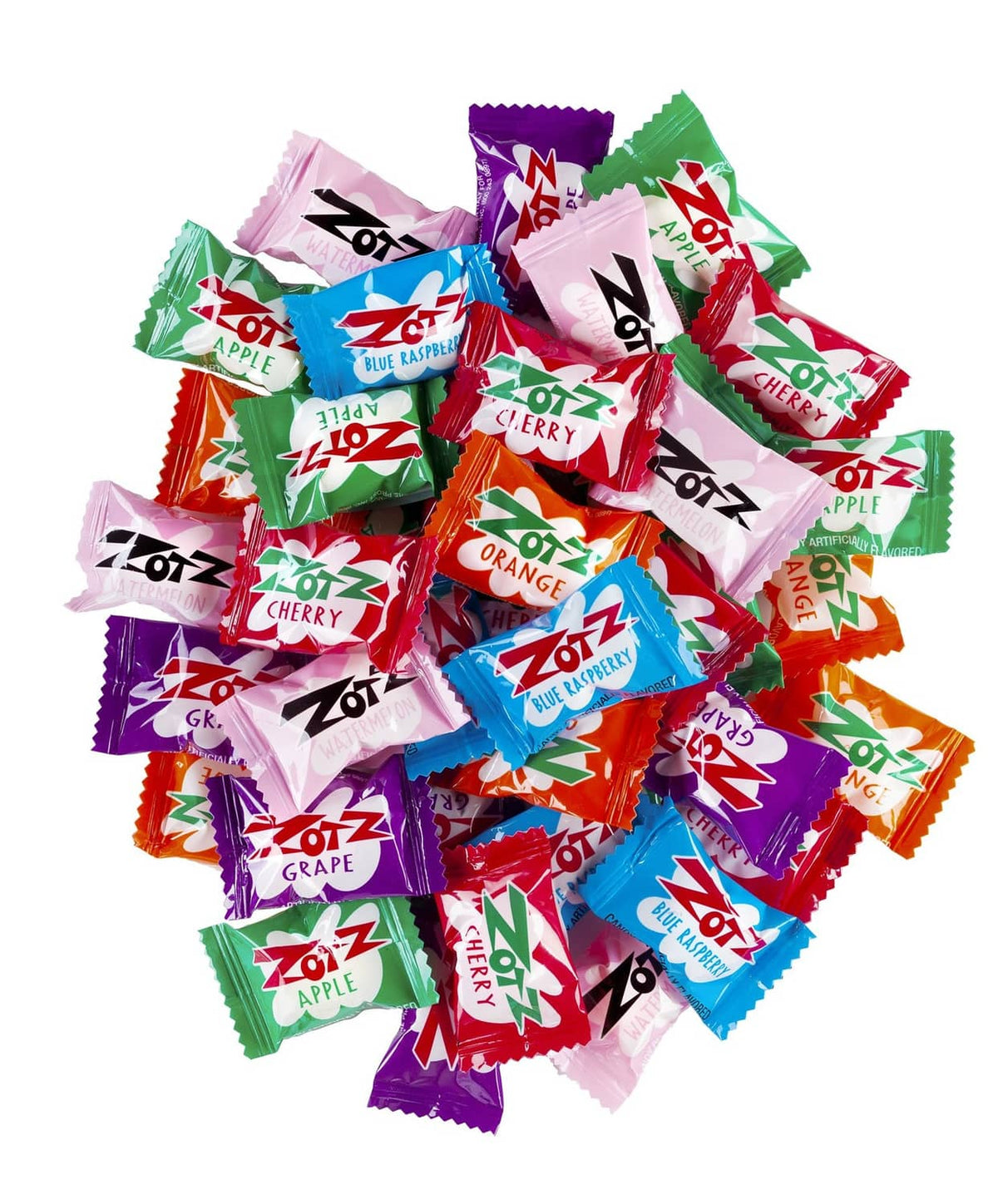 Pile of assorted individually wrapped hard candies in mixed flavors and colors
