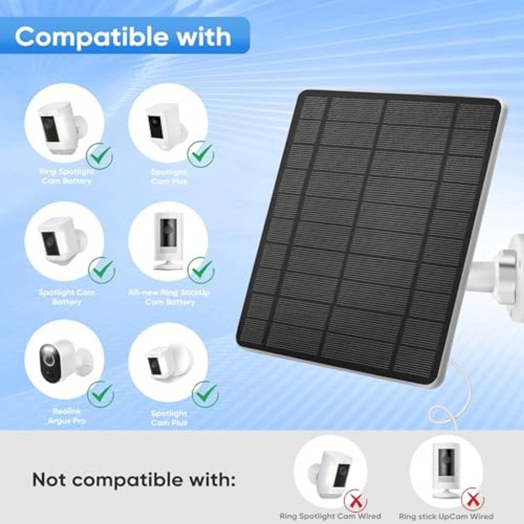 Solar panel kit with black cells, wall mount base, and white charging cable set