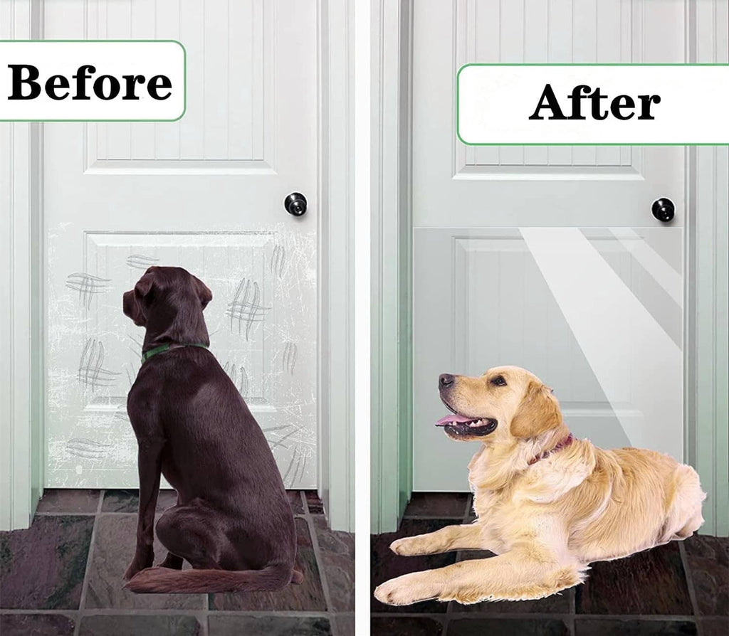 Door scratch protector applied on an entry door, with pets shown