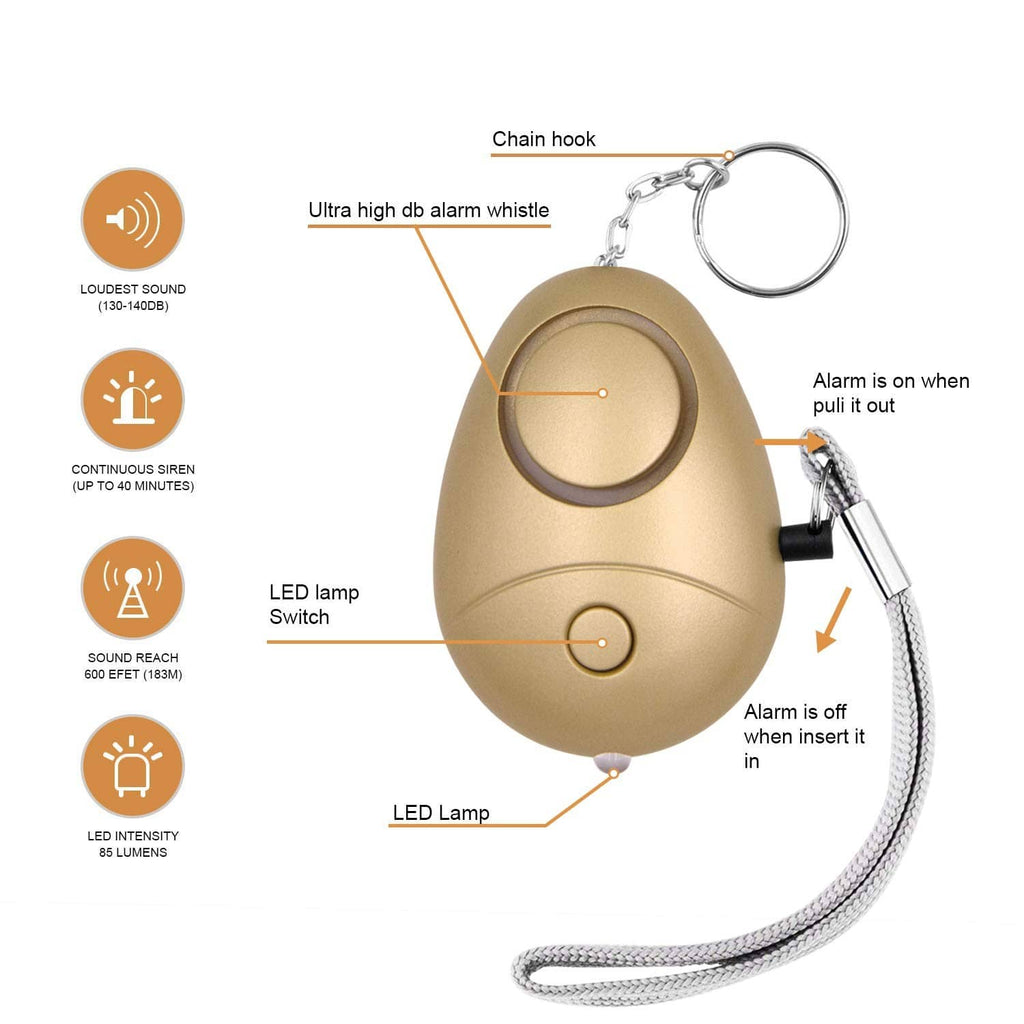 Tan personal security alarm keychain with chain hook, LED lamp, and pull cord.