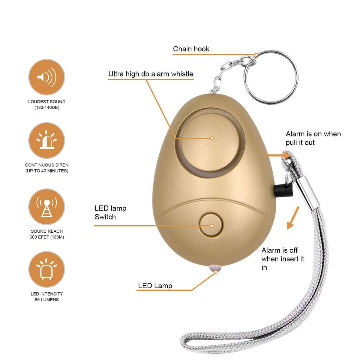 Tan personal security alarm keychain with chain hook, LED lamp, and pull cord.