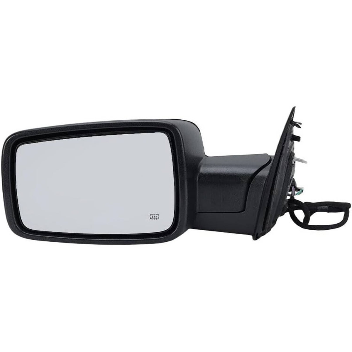 Left side power-fold mirror with black housing and white mirror glass