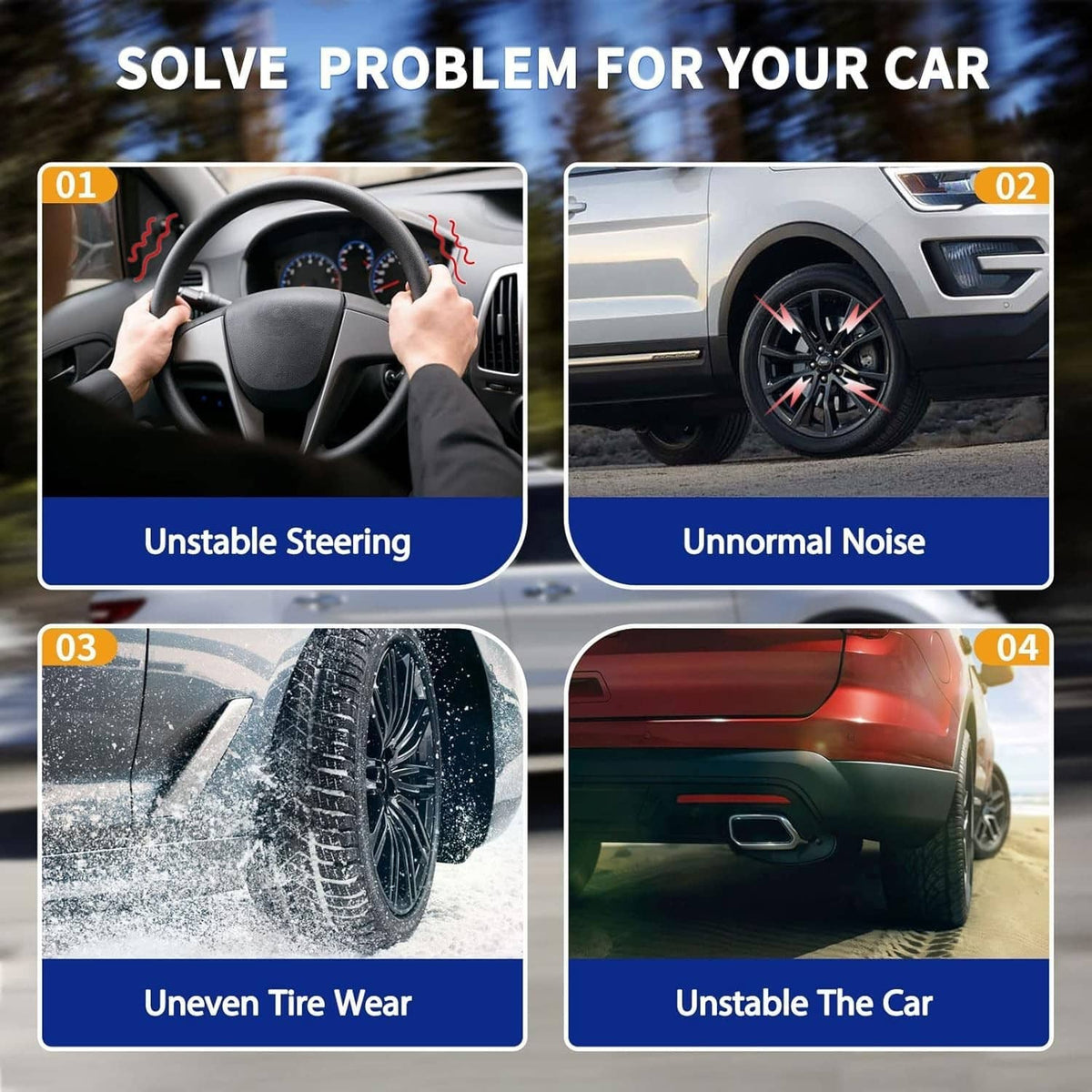 Promotional infographic showing unstable steering, abnormal noise, and uneven tire wear