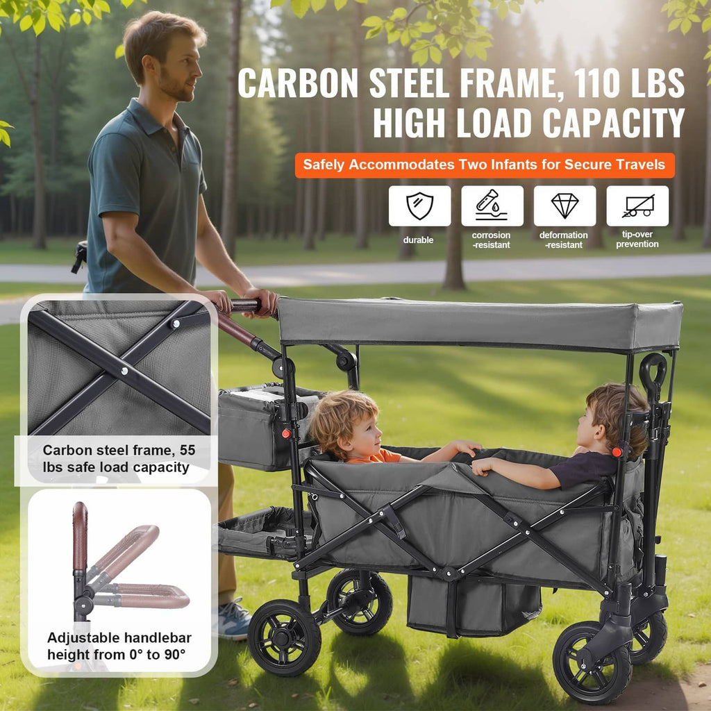Double wagon stroller in dark gray with canopy and two padded seats