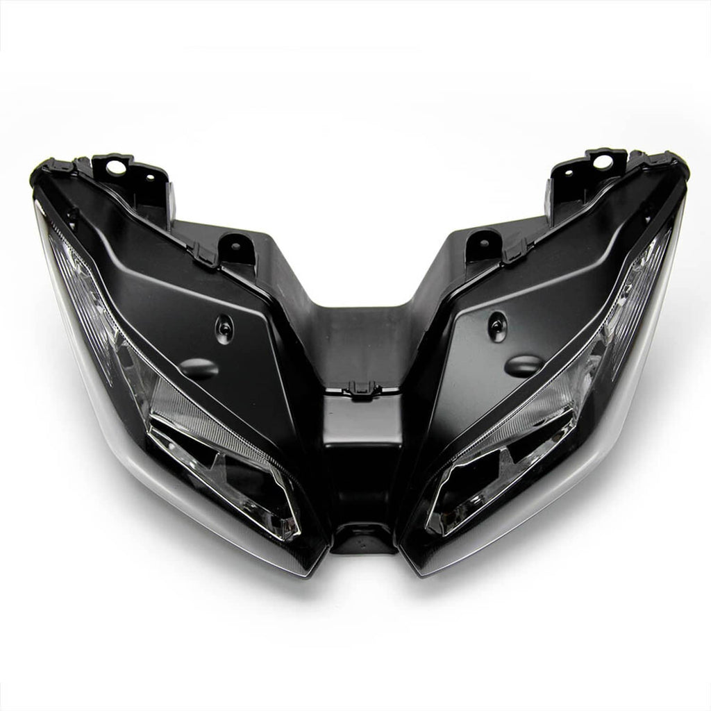 Front headlight assembly with dual clear lenses in black housings