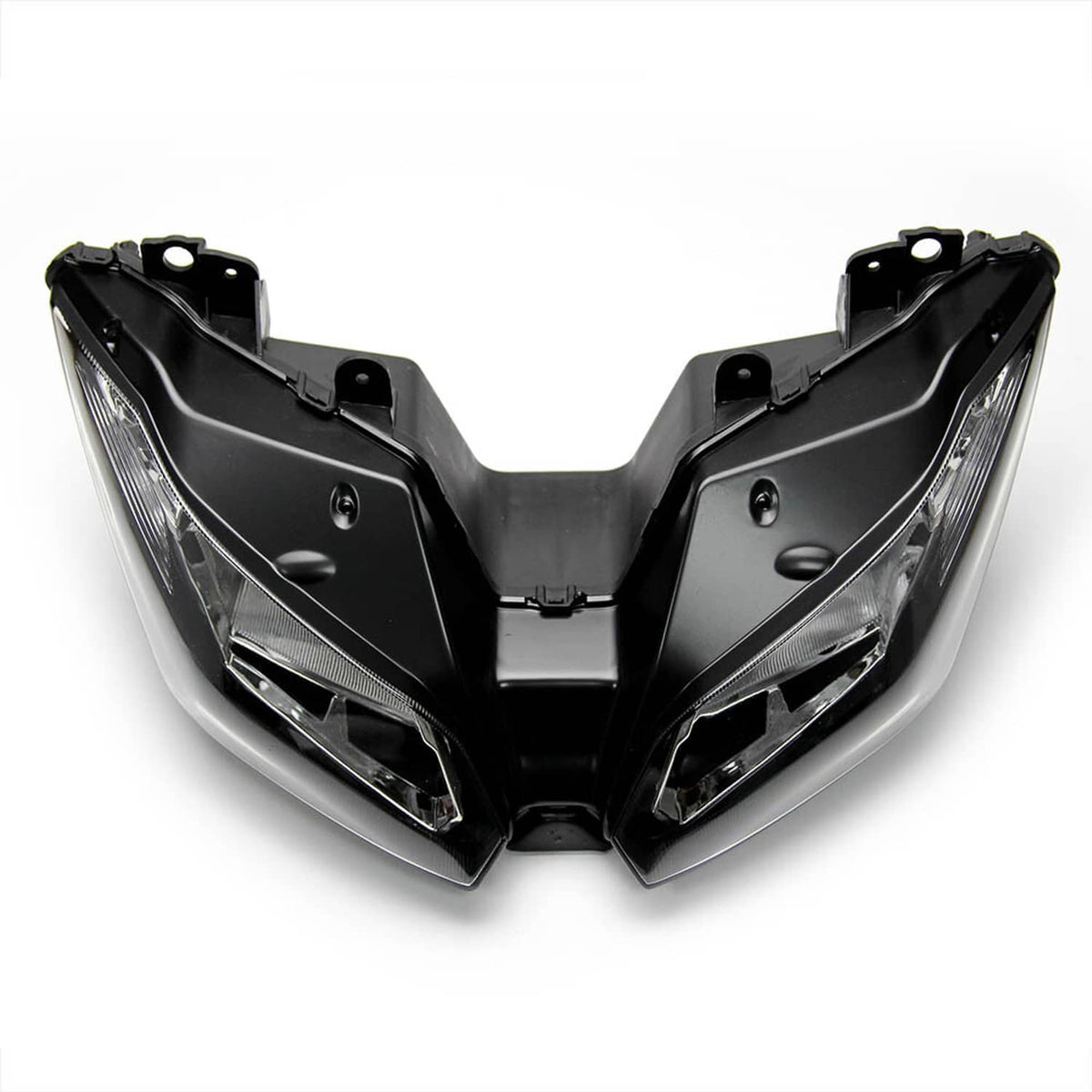 Front headlight assembly with dual clear lenses in black housings