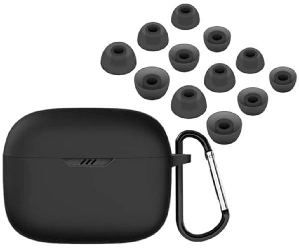 Black silicone earbud case with carabiner and ear tip set, angled view