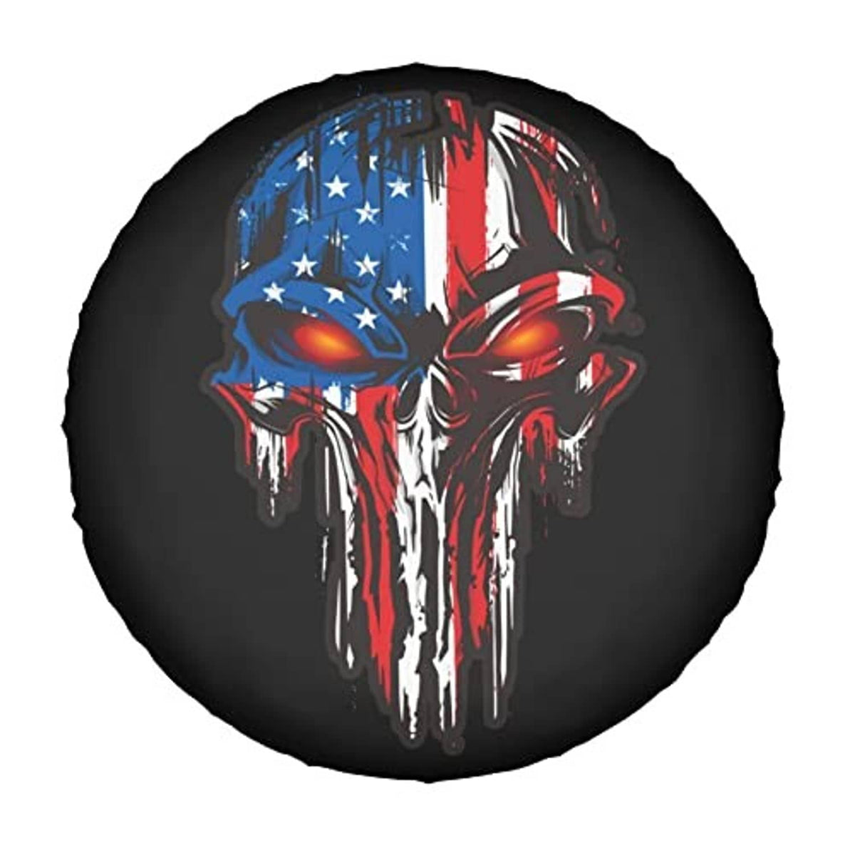 Black spare tire cover with large American flag skull motif