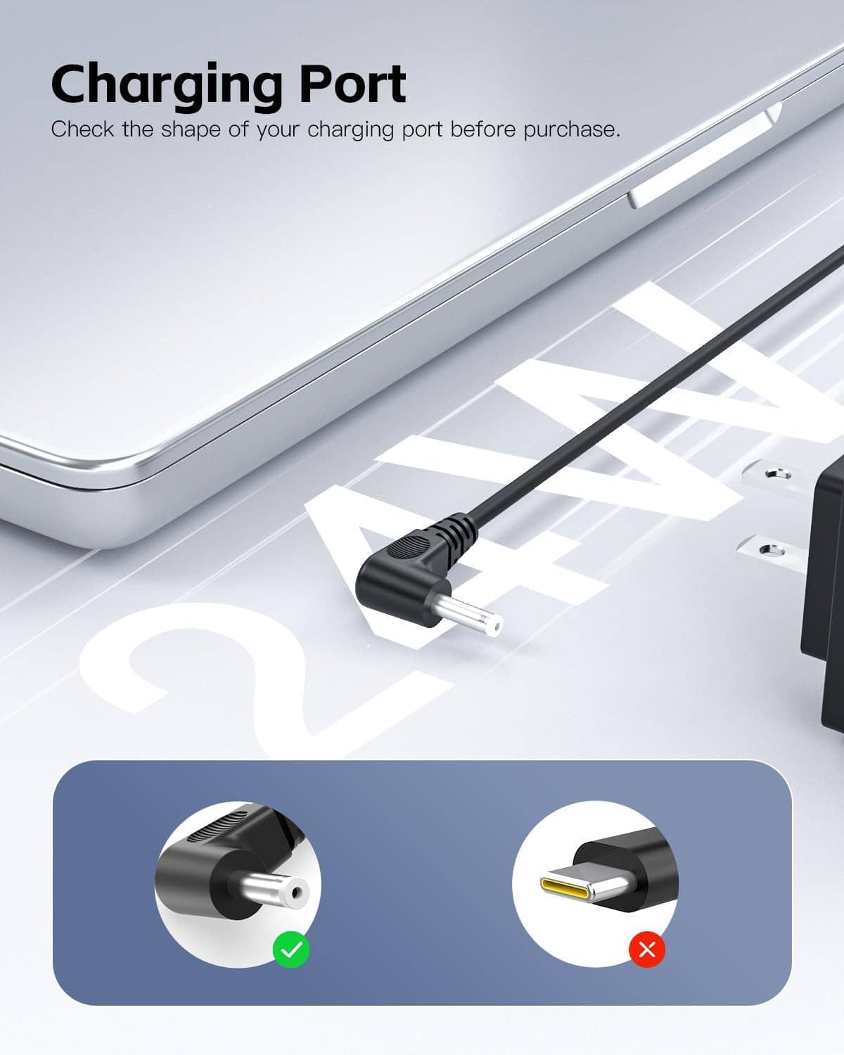 Laptop charging cable with connector plug for the correct charging port shape