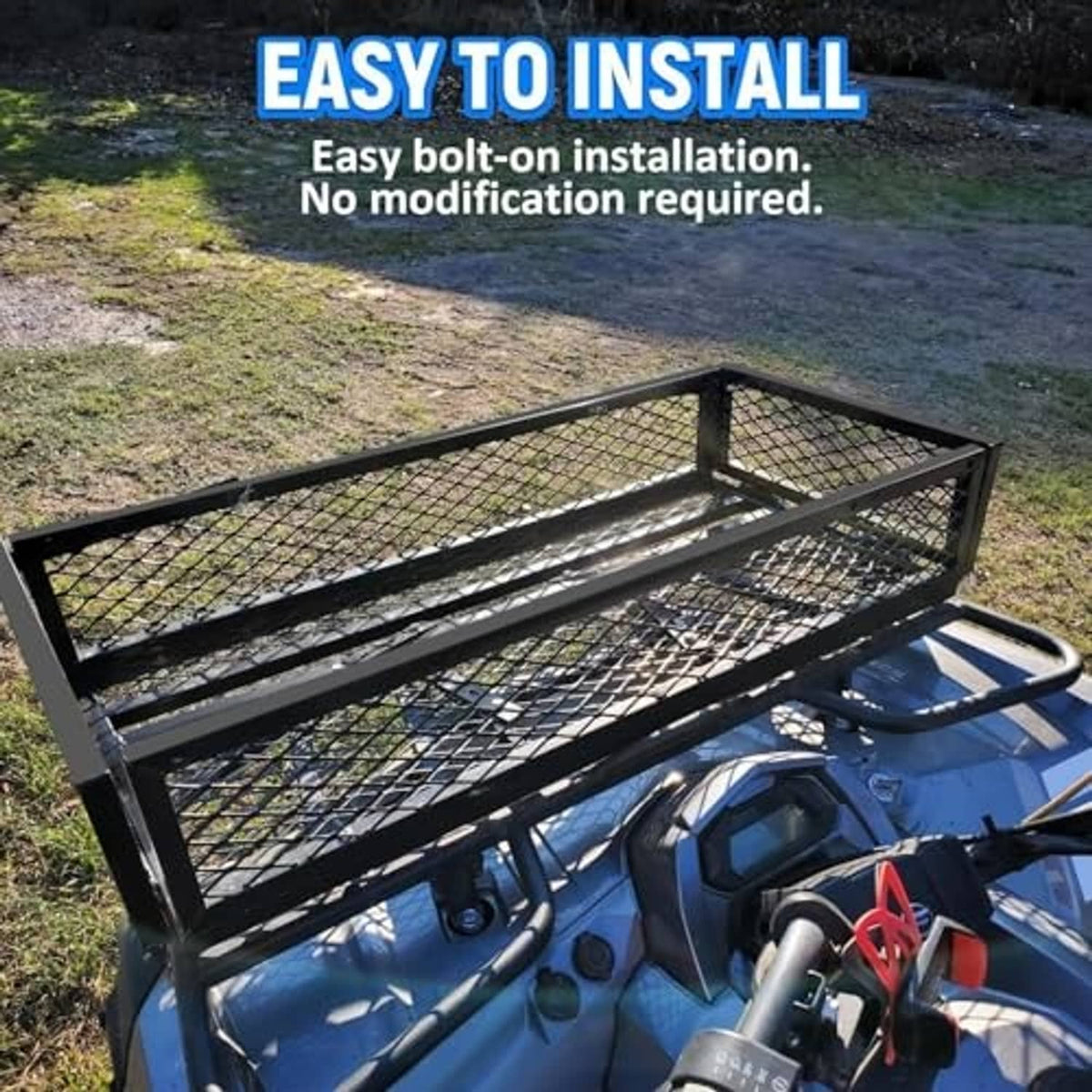 Black steel mesh front cargo basket with side rails and visible mounting supports