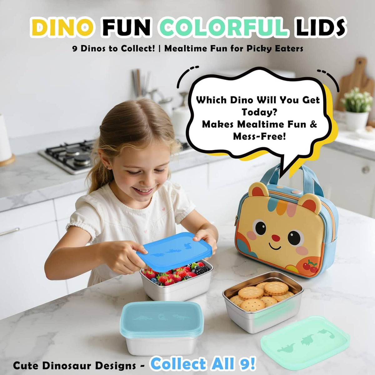 Tanjiae 3-pack stainless steel snack containers with colorful dino lids for kids