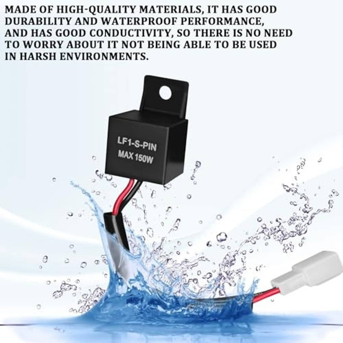 Black LF1-S-PIN LED flasher relay module with red/black wires and water spray