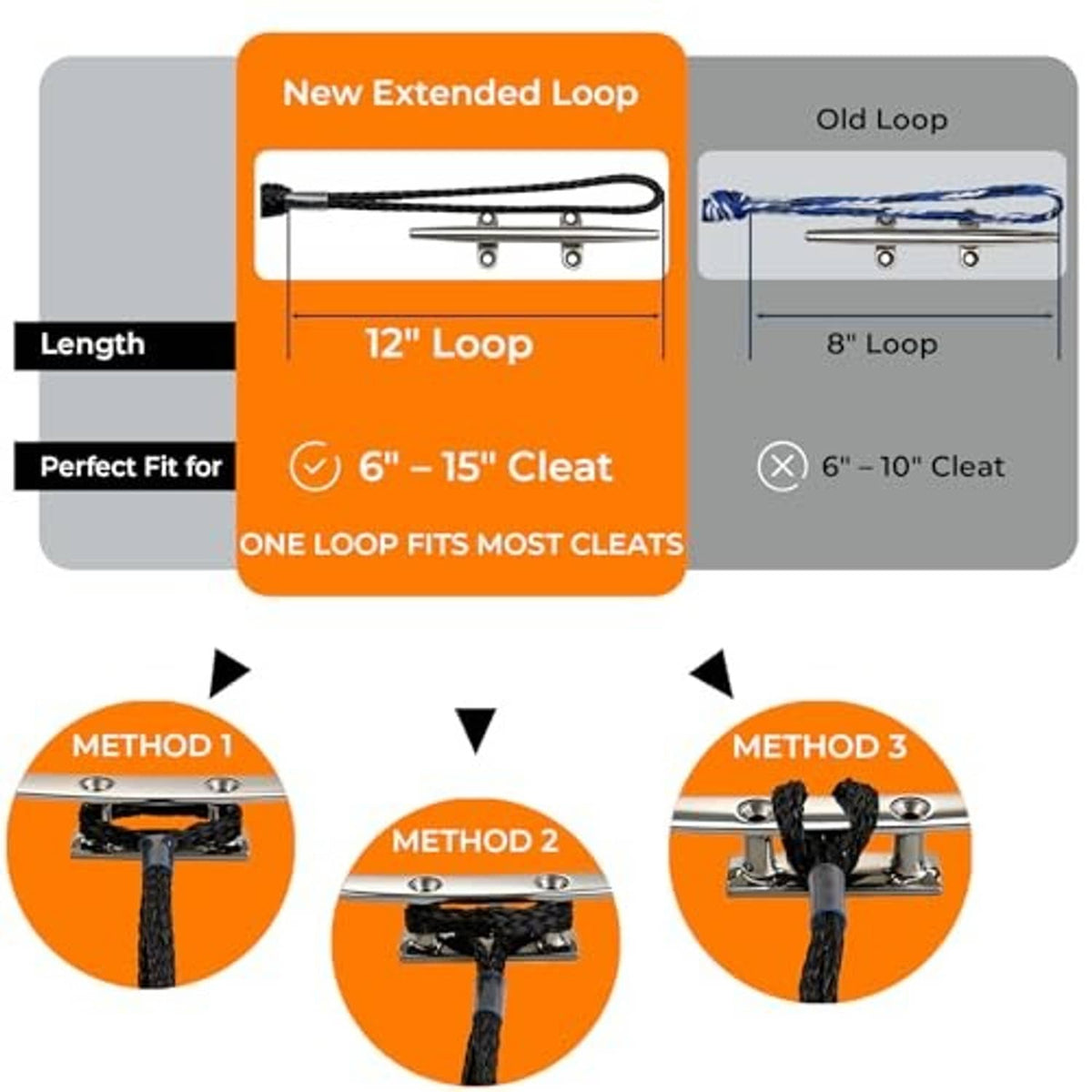 Black bungee boat docking rope shown in extended loop length with metal cleat fit