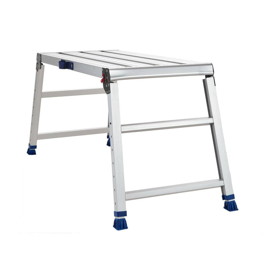 Adjustable step work platform with wide ribbed surface, light gray aluminum and blue feet