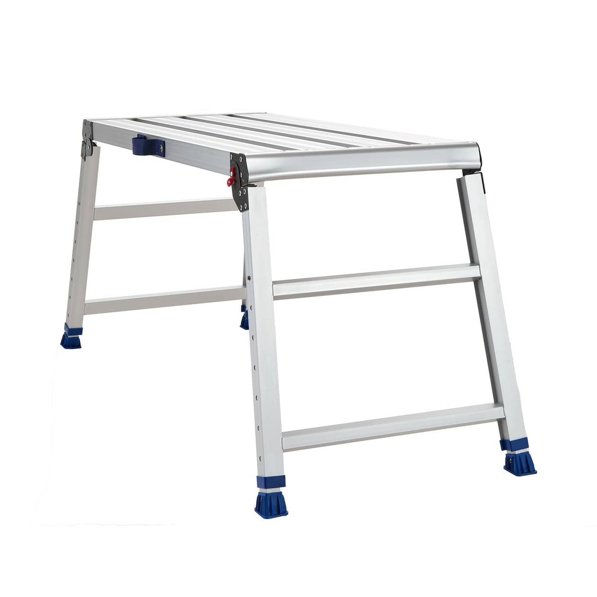 Adjustable step work platform with wide ribbed surface, light gray aluminum and blue feet