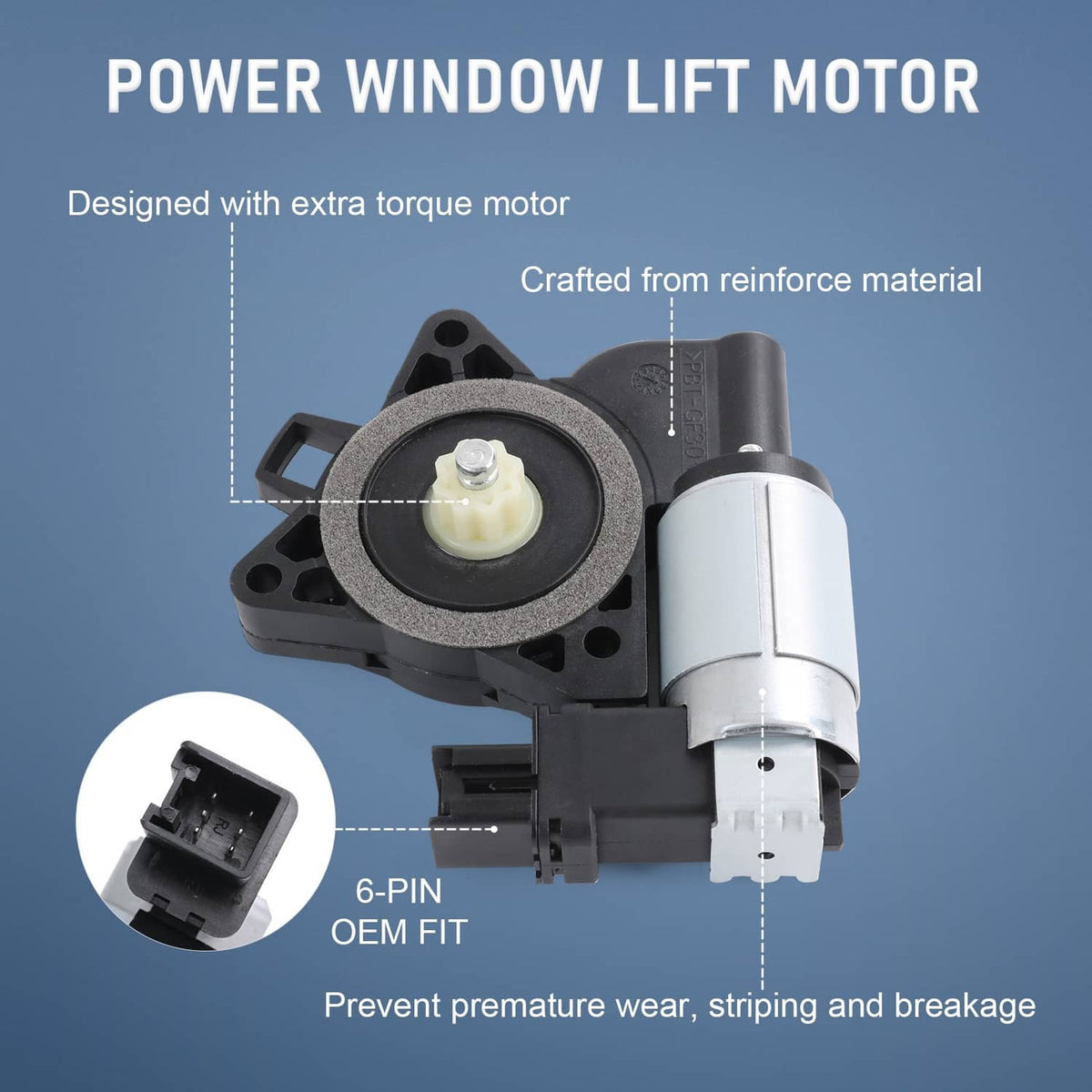 Power window lift motor with black regulator housing and silver cylinder, 6-pin design