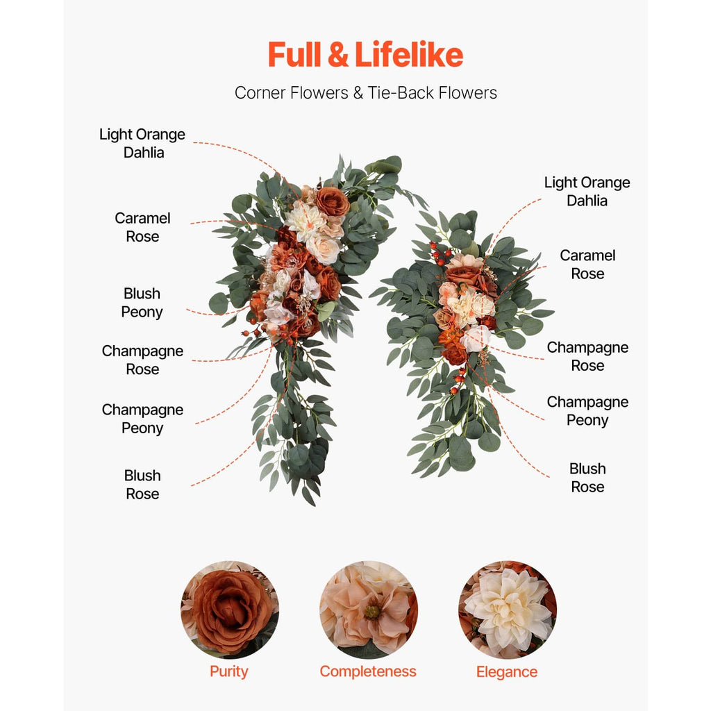 Artificial floral corner and tie-back sprays with orange, peach, and white blooms