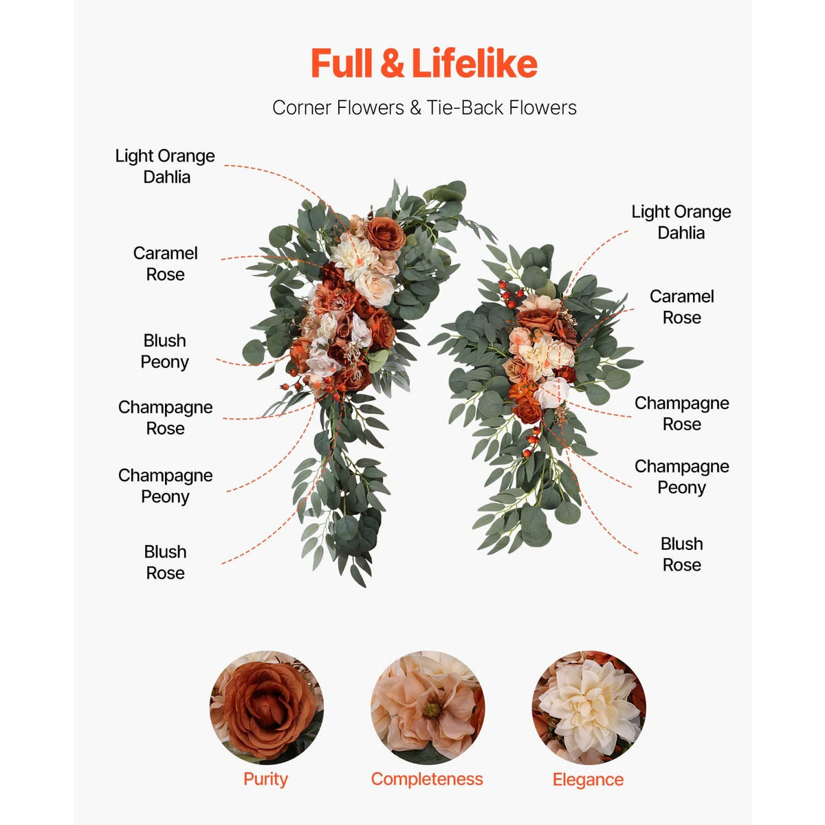 Artificial floral corner and tie-back sprays with orange, peach, and white blooms