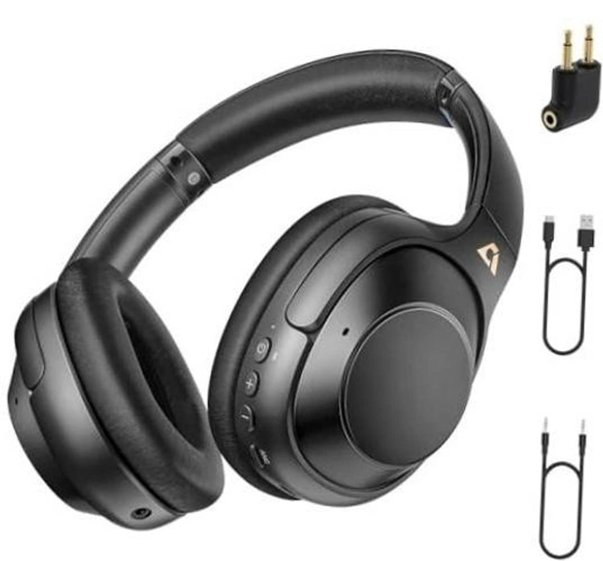 Black over-ear headphones with cushioned ear pads and adjustable headband