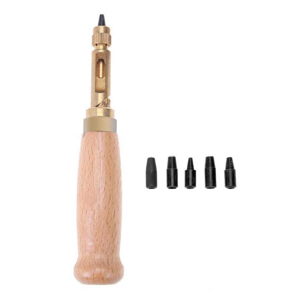 Leather screw punch tool with wooden grip, brass tool body, and five black tips