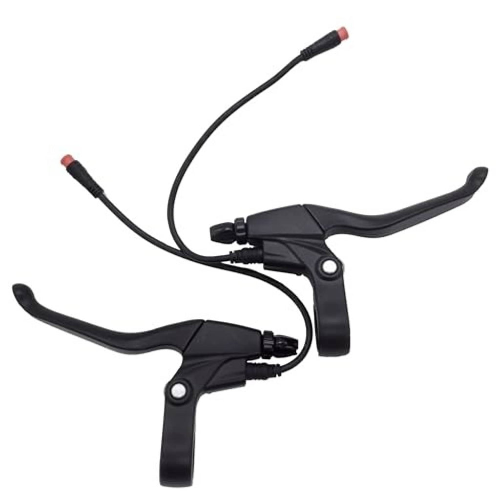 Black e-bike brake lever pair with curved grips and two cable lines with red tips