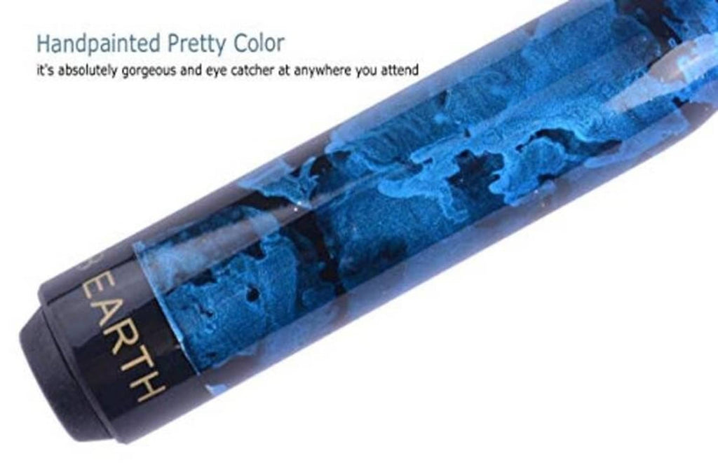 Blue painted pool cue barrel with black end cap and detailed blue pattern.